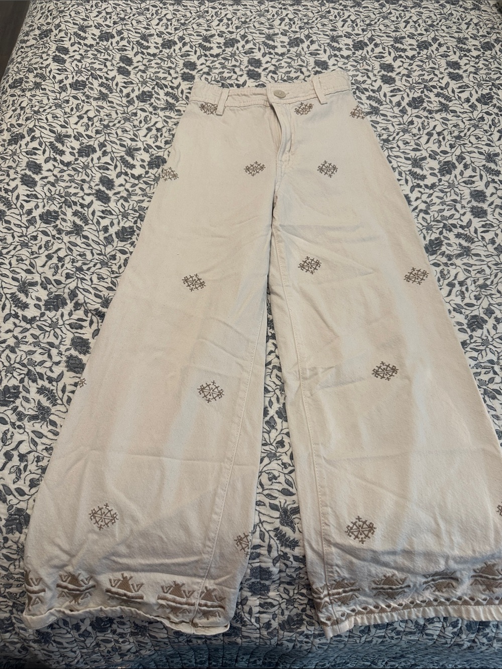 Embroidered Wide-Leg girls Jeans - Cream